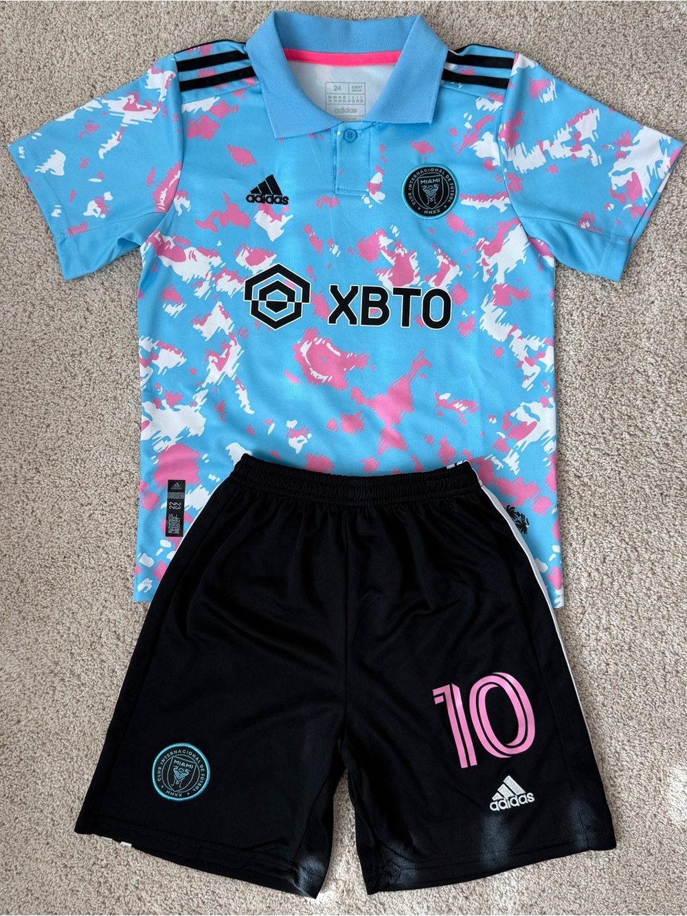 Adidas Miami Messi Black, Baby Blue & Pink Kids Soccer Jersey and Shorts Set